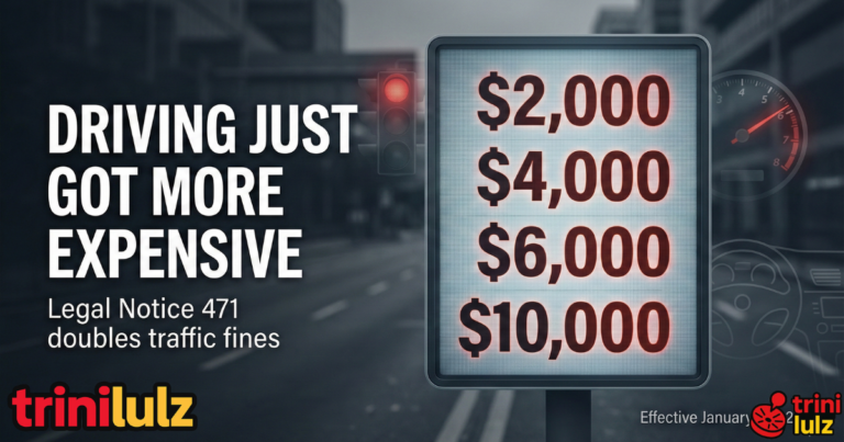 Graphic showing how Legal Notice 471 doubles traffic fines in Trinidad and Tobago, with penalties increasing to $2,000, $4,000, $6,000, and $10,000 from January 1, 2026