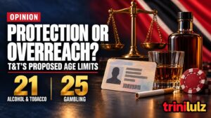 Trinidad drinking age opinion illustration questioning proposed ages of 21 for alcohol and tobacco and 25 for gambling.