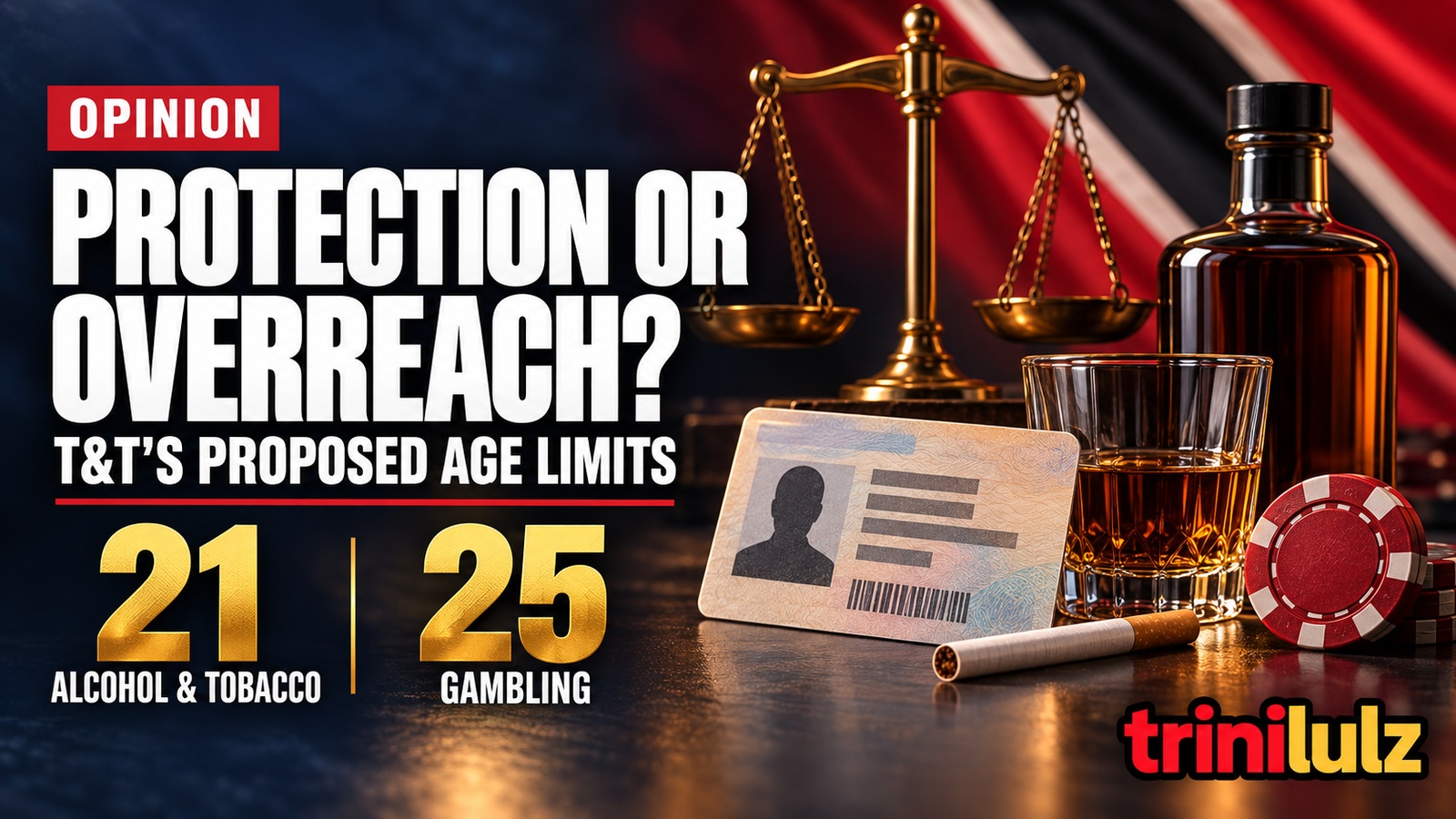 Trinidad drinking age opinion illustration questioning proposed ages of 21 for alcohol and tobacco and 25 for gambling.