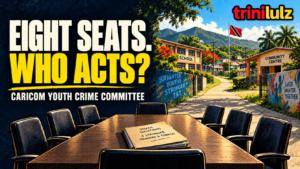 Editorial illustration of eight chairs around a meeting table facing a Trinidad and Tobago school and community centre, with the headline Eight Seats. Who Acts?