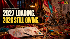 Carnival Prize Money editorial illustration of a mas-making workbench and unfinished headpiece, with the headline 2027 Loading. 2026 Still Owing.