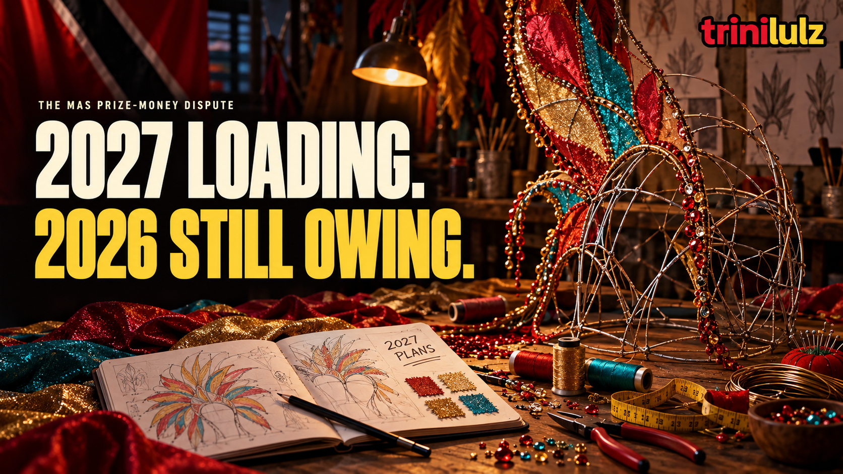 Carnival Prize Money editorial illustration of a mas-making workbench and unfinished headpiece, with the headline 2027 Loading. 2026 Still Owing.