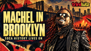Machel Montano's Brooklyn Spotlight editorial illustration with vinyl records and Brooklyn imagery.
