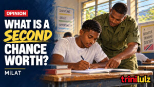 Editorial illustration of a young adult studying with a military mentor, beside the question What is a second chance worth?