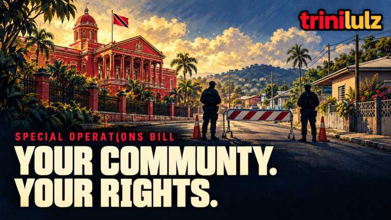 Editorial illustration of the Red House and a Trinidadian neighbourhood checkpoint, with the words Your Community. Your Rights.