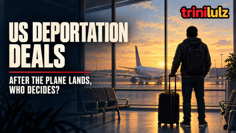 US Deportation Deals editorial illustration: a traveller with a suitcase looks towards an aircraft through an airport window.