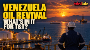 Venezuela Oil Revival editorial illustration of an energy worker overlooking a conceptual Caribbean industrial waterfront.