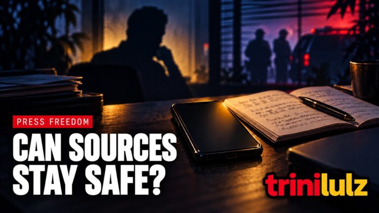 Editorial illustration of a journalist’s phone and notebook, an anonymous source and police silhouettes, with the words Can Sources Stay Safe?