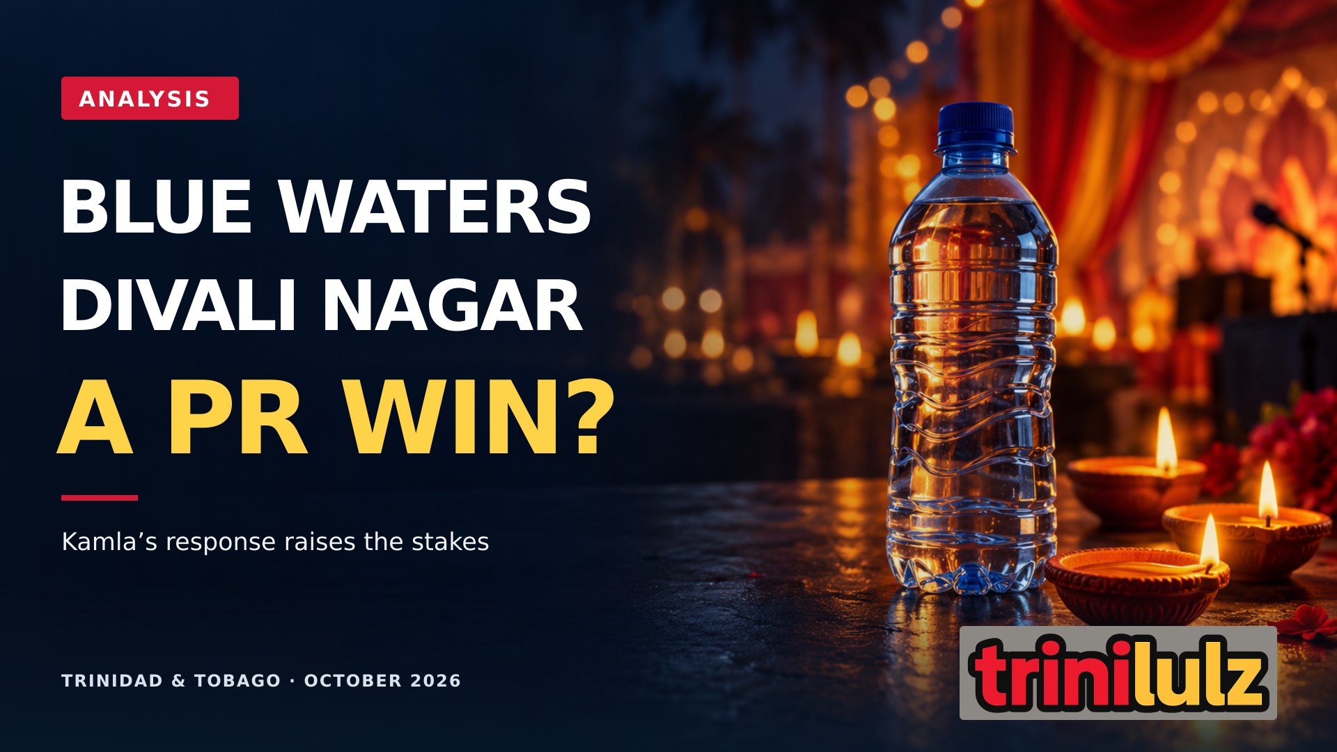 TriniLulz analysis cover with a generic blue-capped water bottle and glowing deyas: Blue Waters, Divali Nagar, a PR win?