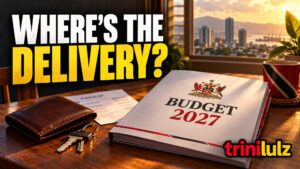 Trinidad Budget 2027 editorial illustration with a budget document, wallet, house keys and payslip.